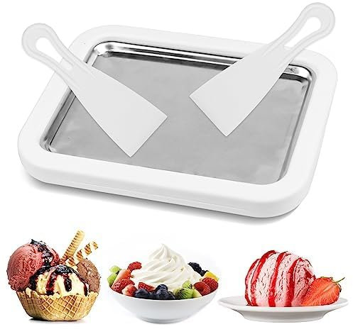 Ice Cream Maker Plate with 2 Spatulas for Homemade Rolled Ice Cream, Frozen Yogurt, Gelato, and Sorbet. Manual Stainless Steel Pan (White)