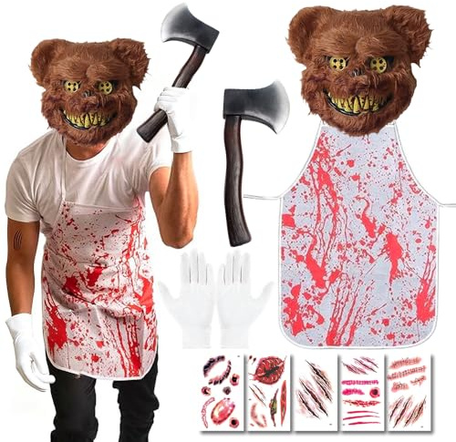 Yi'antai Horror Bär Kostüm 9 Teiliges, Halloween Kostüm Herren, Horror Kostüm Herren, Halloween Blutige Bär Maske, Kostüm Mit Blutiges Axt