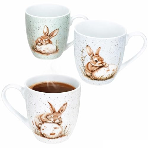 Ritzenhoff & Breker 3er Set Bunny Jumbobecher I 400 ml, Ø 9,4 cm I je 1x Weiß, Grün & Blau I mit Hasen & Eier Dekor I frühlingshafte Porzellan Osterbecher für Kaffee, Tee, Kakao