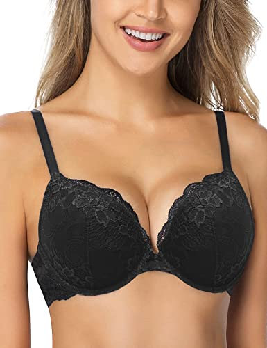 WingsLove Women's Push up Bra Floral Lace Padded Underwire Bra Demi Plunge (Black 32DD)