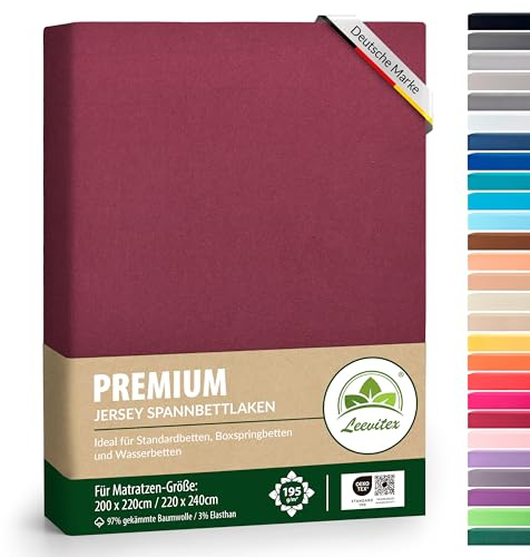 leevitex® Premium Wasserbett & Boxspringbett Spannbettlaken | Spannbetttuch | 200 x 220 bis 220 x 240 | 97% Mako-Jersey-Baumwolle | 3% Elastan | Bordeaux/Weinrot | 195 g/m²