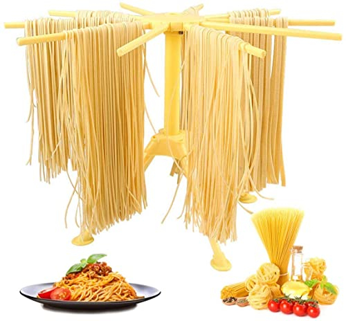 Pasta Drying Rack Collapsible,Fresh Noodles Hanging Stander,Household Pasta Drying Tool for Kitchen,Foldable Plastic Noodles Stander Spaghetti Holder Stand with 4 Legs and 10 Arm Handles (Yellow)