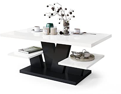 All4All Couchtisch Valerio - Wohnzimmertisch - Kaffeetisch – Tisch mit Ablagen - Esszimmertisch - Coffee Table - 110x60cm - 05- Weiß Hochglanz + Schwarz