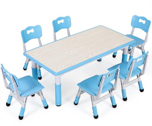 MAMIZO Kindertisch mit 6 Stühlen, Kindertischgruppe Höhenverstellbar, Kinder Tisch Stuhl Set für Kindergarten und Kinderzimmer, Plastik Kindermöbel, Sitzgruppe für Jungen Mädchen ab 2 Jahre, Blau