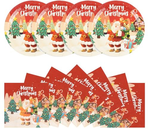 Airplane Birthday Party Paper Plates and Napkins, Airplane Theme Tableware Set Includes 9Inch Paper Plates and Napkins Disposable Decoration Supplies for Kids Boys Birthday Party (Merry Christmas)