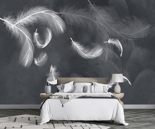 MIWEI Wallpaper Papier Peint Panoramique Plume Blanche Noire Papier Peint Nature Intissé Murale Chambre Salon -F009-350cmX256cm