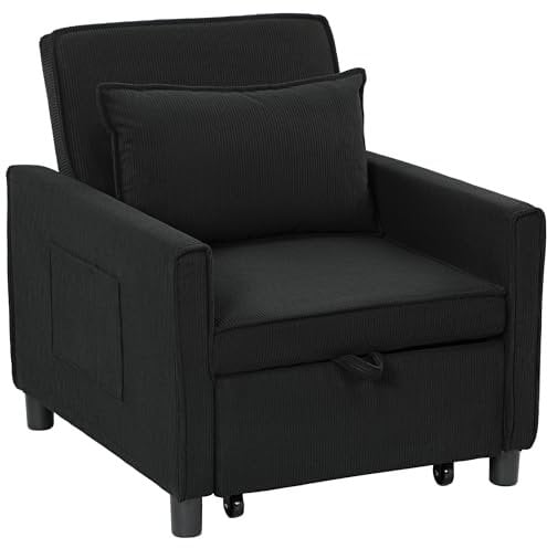 HOMCOM 3-in-1 Schlafsessel, Klappbett mit Bettfunktion, Lendenkissen, Klappbar Liegestuhl mit Verstellbarer Rückenlehne, Rollen, Seitentasche, für Wohnzimmer, Kord, Schwarz