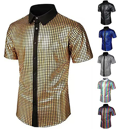Dasongff Chemise Paillette Homme Tenue Disco Habillées Costume Col Pelle a Tarte T-Shirt Annee 80 Brillante Tenue de Soiree Vetement Clubwear Nuit de Fête