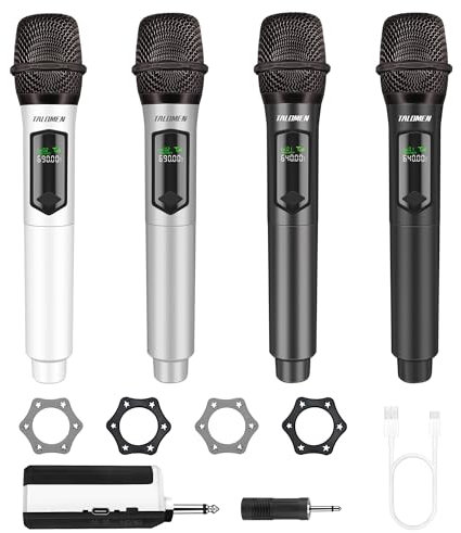talomen Microphone sans Fil Professionnel, système de Microphones Quadruple 2,4 GHz, Micro karaoké Dynamique Rechargeable avec récepteur, portée 160ft, pour Chant, fête, K604 Blanc Argent Gris Noir