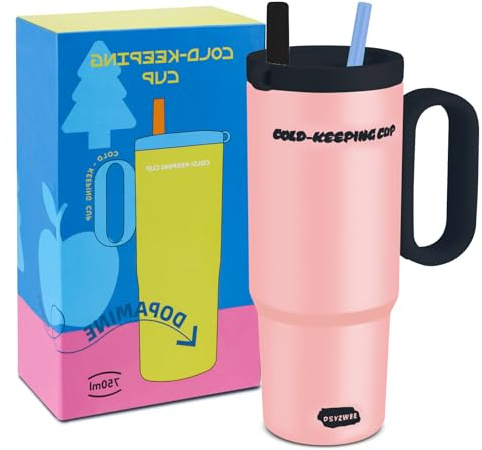 DSYZWEE 750 ml Thermobecher, 26 oz mit Strohhalm und Henkel, Doppelwandiger Edelstahl Vakuum Auslaufsicher Trinkbecher, Autobecher Becher Tumbler Thermobecher Kaffeebecher Rosa