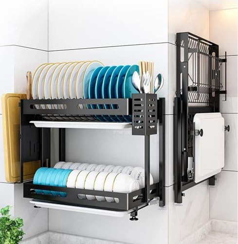 Égouttoir à Vaisselle Mural en Acier Inoxydable avec bac de récupération,étagère Rangement Pliable et Plateau égouttoir(Taille : 2 Niveaux)