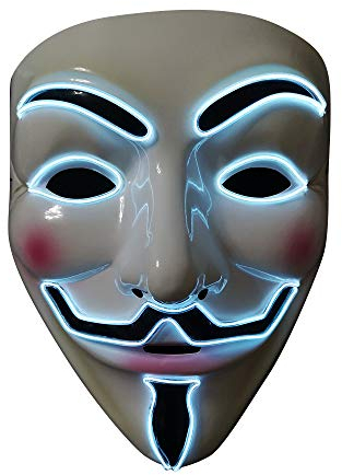 SOUTHSKY LED Maske Leuchtend V wie Vendetta Maske mit Led Licht Anonymous Masken Vollmaske Neon Lichter Blinker EL Draht Glowing 3 Modes Für Halloween Kostüm Cosplay Party(V-Weiß)