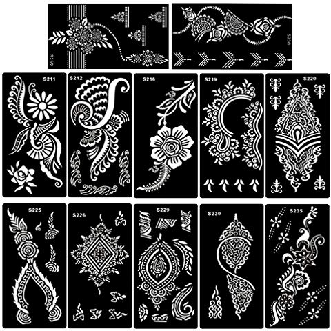 XMASIR 12 Blatt Temporäres Tattoo Schablonen für Körperbemalung Mehndi Indian Template Blume Hand Glitter Airbrush Tattoo Schablone