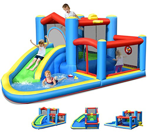 COSTWAY Château Gonflable avec Toboggan, Aire de Saut, Ballon et Panier, Aire de Jeux Gonflable avec Kit de Réparation, Sac de Transport et Piquet de Sol (sans gonfleur)