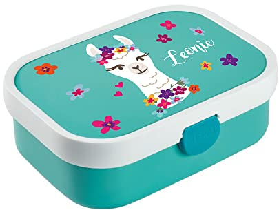 4youDesign türkise Brotdose mit Fächern -Blumen-Lama- personalisiert mit Namen I Campus mit Bento-Box & Gabel I für Jungen & Mädchen