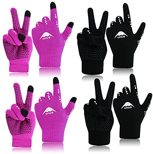 LOVMEAD 4 Paar Kinder Handschuhe Winter Fahrradhandschuhe Strickhandschuhe Touchscreen 4-12 Jahre, Jungen Mädchen Winterhandschuhe Warm Winddicht (Schwarz+Rosa)