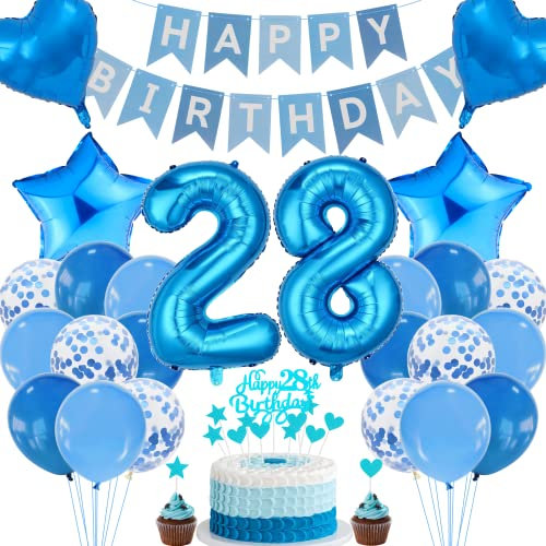 Cnrose 28. Geburtstag Dekoration - Blau Tortendeko für Mann und Frau, Party Deko, Geburtstagsdeko für 28 Jahre
