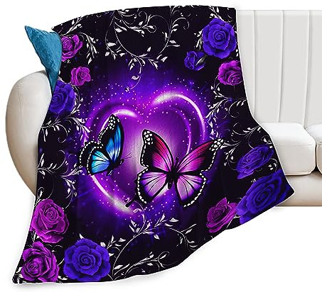 Fuzawet Butterfly Blanket Purple and Blue Butterfly Rose Throw Blanket Butterfly Gifts for Women Girls Super Soft Cozy Fleece Butterflies Plush Bedding Blanket for Kids Adults Bed 40x50