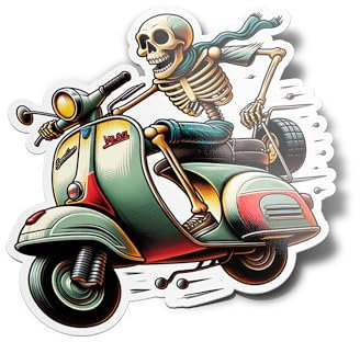 PACK Adesivi in vinile Skeleton Vespa Rider Sticker - Vintage Italian Scooter Decal for Motorcycle Enthusiasts, GTS 150 300 50, Classic Design arancione verde, 9 cm