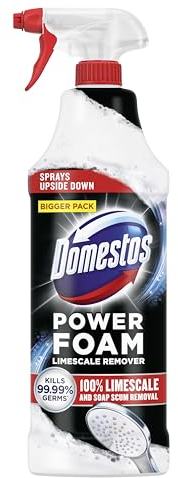 Domestos Power Foam Limescale Remover Toilet & Bathroom Cleaner Spray sprays upside down & eliminates 99.99% of germs* for 100% limescale removal inside the toilet & around the bathroom 650 ml