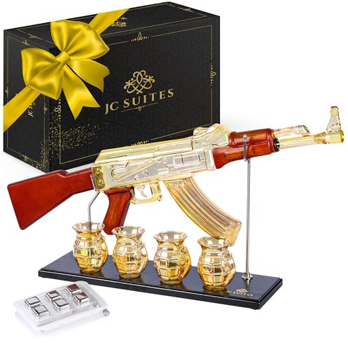 Luxury Gold AK47 Gun Decanter with Grenade Glasses & Reusable Ice Cubes - Whiskey Decanter Sets For Men - Unique Liquor Glass Gun Alcohol Bottle -Wine Bourbon Tequila Liquor Decanter Set Gifts For Dad