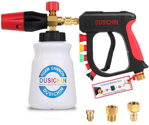 DUSICHIN - Short Pressure Washer Gun for Foam Cannon, 1/4 Quick Connector, Car Wash Foam Gun with 5 Pressure Washer Nozzle Tips, Quick Connector