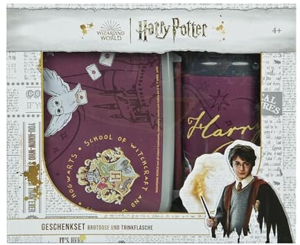 Scooli - Harry Potter Kindergeschirr Geschenkset - Set bestehend aus Brotdose und Trinkflasche - ideal für die Schule oder Kindergarten – für Kinder ab 4 Jahren – aus Kunststoff – BPA frei