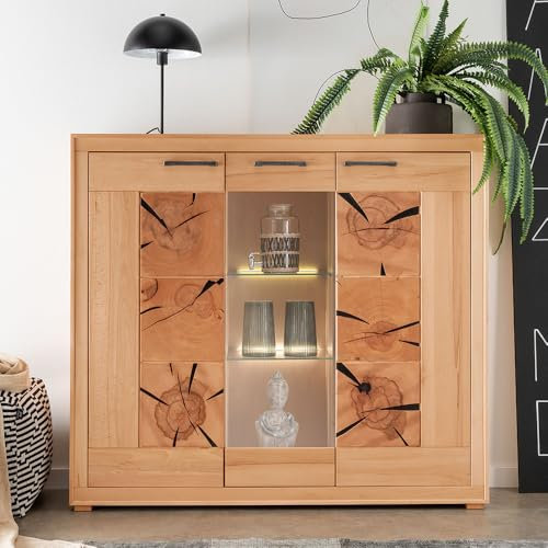 Lomadox Wohnzimmer Esszimmer Vitrinenschrank Highboard 150cm breit, Kernbuche massiv geölt, montiert