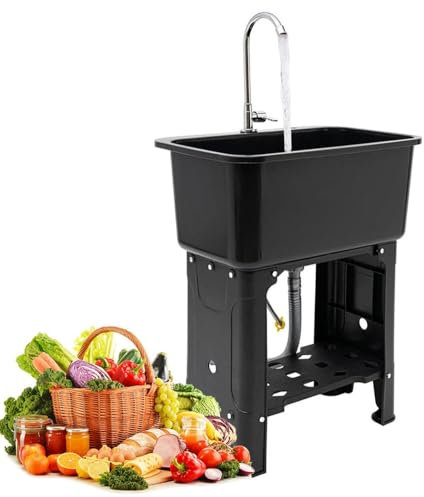Fregadero con Patas Cocina Exterior Grande De Un Solo Tazón - 76 Cm De Alto Lavabo Independiente para Lavadero Garaje con Grifo, Plástico Engrosado Gris/Negro(Black,40x40cm/15.5x15.5inch)