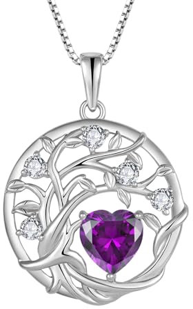FJ Tree of Life Necklaces for Women 925 Sterling Silver Family Tree Pendant Amethyst Necklace February Birthstone Jewellery Birthday Gifts for Her