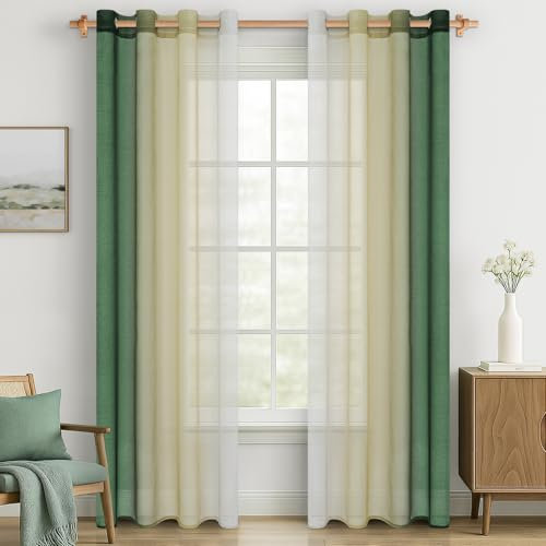 MRTREES Gardinen Voile mit Ösen Transparente 2er Set Farbverlauf Olivgrün, Vorhänge Durchsichtig 225 cm Lang 140 cm Breit Vorhang Ösenschal für Wohnzimmer Modern Schlafzimmer