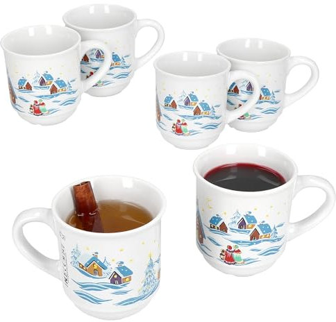MamboCat 6er Set Glühweinbecher 0,2L weiß mit bunter Weihnachtslandschaft I Klassische Keramik Glühweintassen I geeicht I ideal für den Weihnachtsmarkt