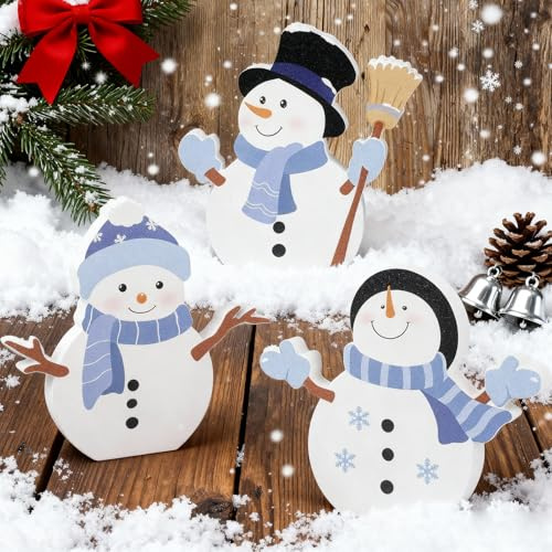 Giugio 3 Stück Weihnachten Tischdeko Holz, Weihnachtsdeko Tisch Holz, Schneemann Figuren Tischdeko, 3D Winter Holzdeko, Weihnachtsdeko Innen Holz, Winterdeko für Weihnachten Dekoration