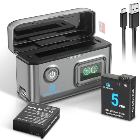 Homesuit Osmo Action 6 5Pro 4 3 Battery 2100mAh and USB Dual Slots LCD Charger Kit for DJI OsmoAction6, OsmoAction5Pro, OsmoAction4, OsmoAction3 Osmo 360 Camera (2-Pack)