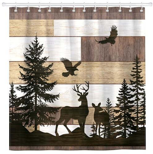 Arquiel Duschvorhang Wald Hirsch Kiefer Waschbar 182X182 cm Polyester Badezimmervorhang Dekor Bauernhaus für Bad Dusche Badezimmer Mit 12 Ösen und Ringen