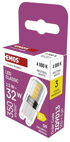 EMOS - G9 LED Lampe CLASSIC 2,5 Watt, ersetzt 32 Watt Halogenlampe - G9 Pin Lampe JC mit Helligkeit 350 Lumen - Neutralweiß 4000 Kelvin - langlebig 30000 Stunden - 300° Abstrahlwinkel - SMD LEDs