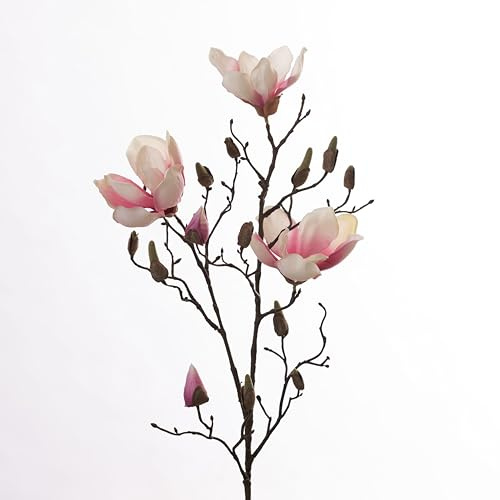 2474U Kunst-Stielblume Magnolienzweig mit 3 Blüten und Mehreren Knospen – Höhe 86 cm – Creme/Pink