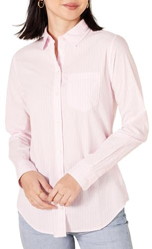 Amazon Essentials Camicia in Popeline a Maniche Lunghe con Bottoni sul Colletto, vestibilità Classica Donna, Rosa Righe, S