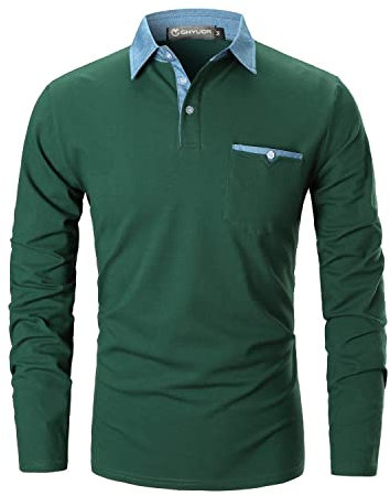 GHYUGR Men's Long Sleeve Polos Casual Tops Denim Splice Golf T-Shirt Poloshirts (XL, Green)