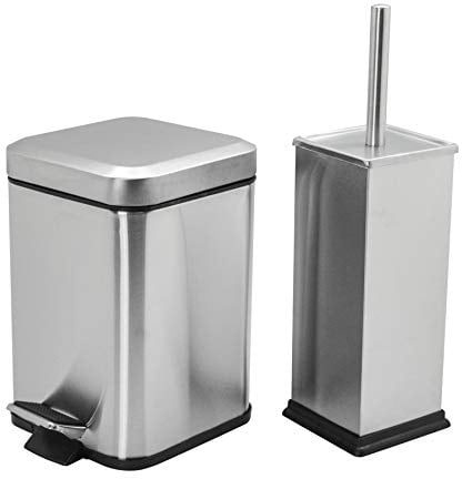 Harbour Housewares Bathroom Bin & Brush Set - Brushed - 2pc Square Stainless Steel Pedal Bin & Toilet Brush Set Slim Small Trashcan for Kitchen Waste, Bathroom Rubbish