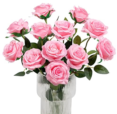 Kisflower 12Pcs Rosen Künstliche Blumen Realistische Einzelstielblumen Seidenrosenstrauß für Hochzeitsfeier Büro Home Decor (Rosa)