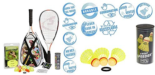 Speedminton® S900 Set – Original Speed Badminton/Crossminton Profi Set mit Carbon Schlägern inkl. 5 Speeder® & Night Speeder - 3er Pack leuchtende Speed Badminton/Crossminton Bälle inkl. Windring