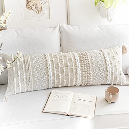 BlissBlush Cream Decorative Lumbar Throw Pillow Cover 14x36 Boho Long Cushion for Bed Neutral Beige White Accent Modern Farmhouse Pillowcase for Bedroom Living Room Couch Sofa Home Décor Cover ONLY