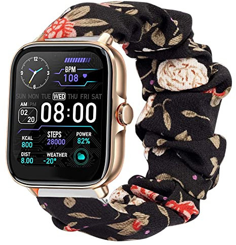 Blueshaweu Chouchou Bracelet Compatible avec Ddidbi P66D Smartwatch, en Tissu Imprimé Élastique Bracelet de Montre du Ddidbi P66D 1,85 Pouces/Aptkdoe P66D 1,85 Pouces Smartwatch (Fleur noire)