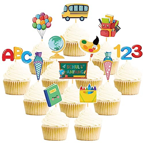 24 Stück Schulanfang Tortendeko, Schuleinführung deko Cupcake Topper, Tortendeko Einschulung, deko Einschulung Junge für Schulkind, Junge und Mädchen Schulanfang Party Dekoration (Tafel)
