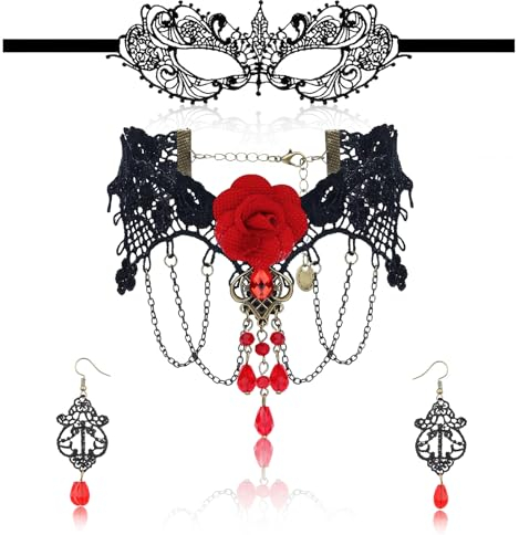 Darryy Spitze Choker Ohrringen maske Set, Gothic Halskette, Halloween kette, Maske Spitze, Gothic Ohrringe, Geeignet für Partys, Cosplay, Bühnenauftritte, Halloween, Karneval