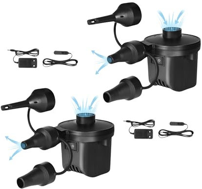 2X Pompe à Air Électrique pour Piscines. Gonfleur - Dégonfleur de Matelas Portable. Gonfleur pour Matelas, Flotteurs, Emballage sous Vide, avec 3 Buses. Compresseur 240V AC / 12V DC.