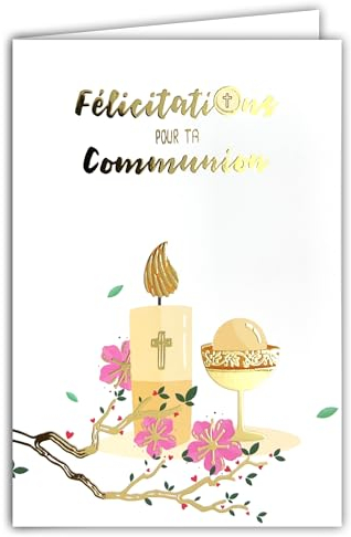 68-6002 Carte Félicitations pour ta COMMUNION en Or Doré Brillant avec Enveloppe 12x17,5cm pour Jeune Fille Chrétienne Catholique Bougie Pain Ostie Coupe Calice Ciboire Fleurs Fabrication Française
