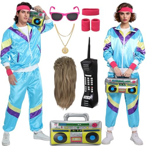 Mrsclaus 80er 90er Jahre Outfit für Herren Damen Jogginganzug Trainingsanzug Kostüm Erwachsene Disco Karneval Partnerkostüme Set mit Pop Rock Perücke Radio Telefon C055S