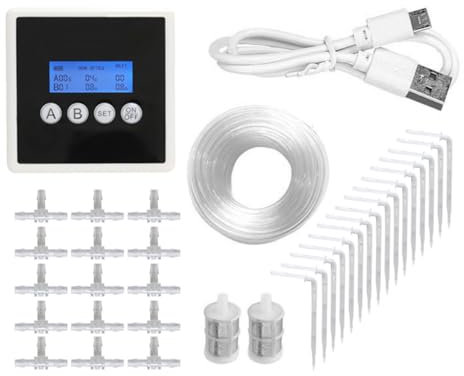 Sarini Automatisches Tropfbewässerungsset - Doppelpumpe, programmierbarer Tagestimer und Display. Bewässerungssystem für 15 Topfpflanzen. Bewässerungslösung für den Urlaub.